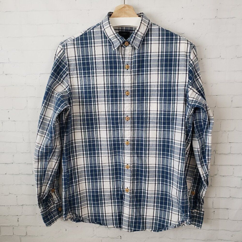 J. Crew Mens Casual Button Front Shirt Size S Blue Plaid Midweight 100% Cotton